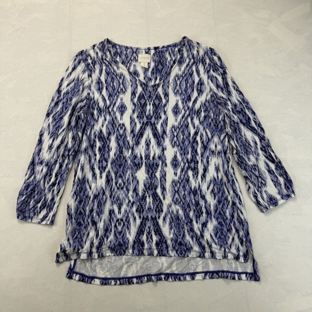 Chico's Size 1 Medium Blue White Rayon Ikat Print 3/4 Sleeve Tunic Top